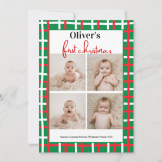 Invitation Premier Noël de bébé en vert rouge carreaux 4 phot