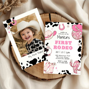 Invitation Premier rodéo 1er anniversaire rose fille photo an