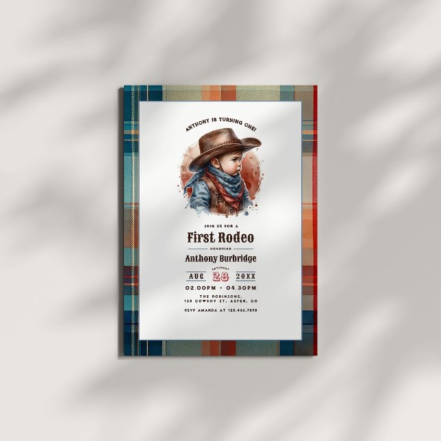Invitation « Premier Rodéo » Anniversaire de 1 an Cowboy Rust (“First Rodeo” Rustic Cowboy 1st Birthday Invitation)