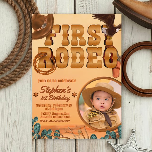 Invitation Premier Rodéo avec Photo (First Rodeo -  Boy 1st Birthday Cowboy Invitation with Picture)