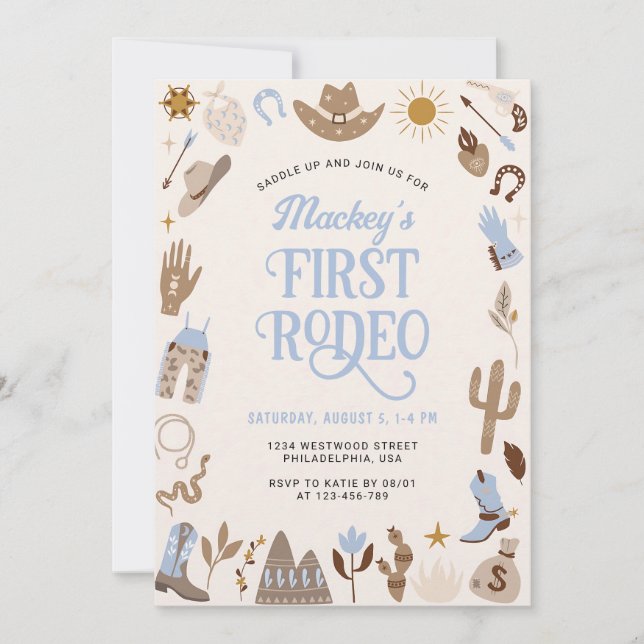 Invitation Premier Rodéo Cow-Boy Occidental Anniversaire Bleu (Devant)