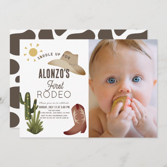 Invitation Premier Rodeo Cowboy photo occidentale 1er anniver (Devant / Derrière)