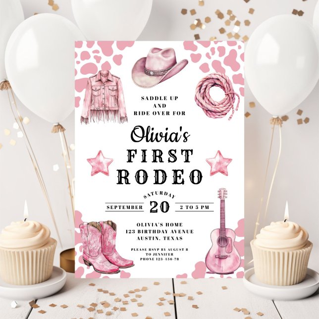 Invitation Premier rodéo de la fille rose pour son 1er annive (Pink Girl's First Rodeo 1st Birthday Invitation)