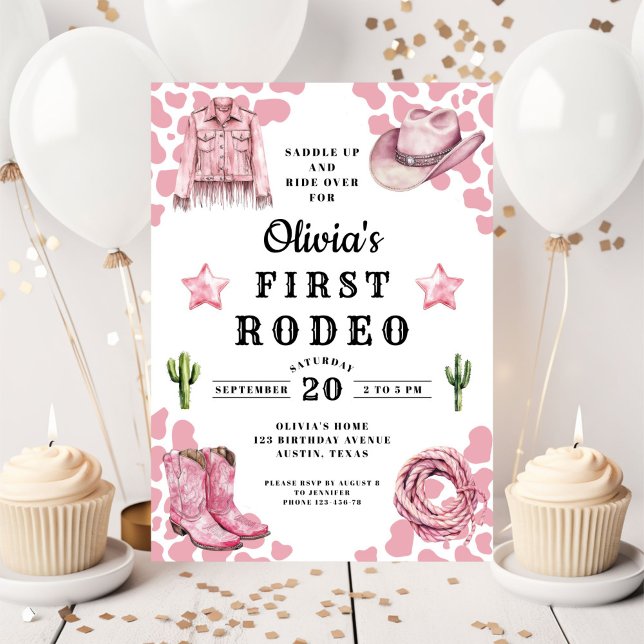 Invitation Premier rodéo de la fille rose pour son 1er annive (Pink Girl's First Rodeo 1st Birthday Invitation)