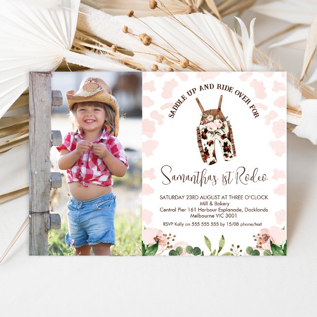Invitation Premier Rodéo de l'Ouest rose mignon 1er anniversa (First Rodeo 1st Birthday Invitation Baby Girls, Pink Western First Rodeo Birthday Invitation Photo)