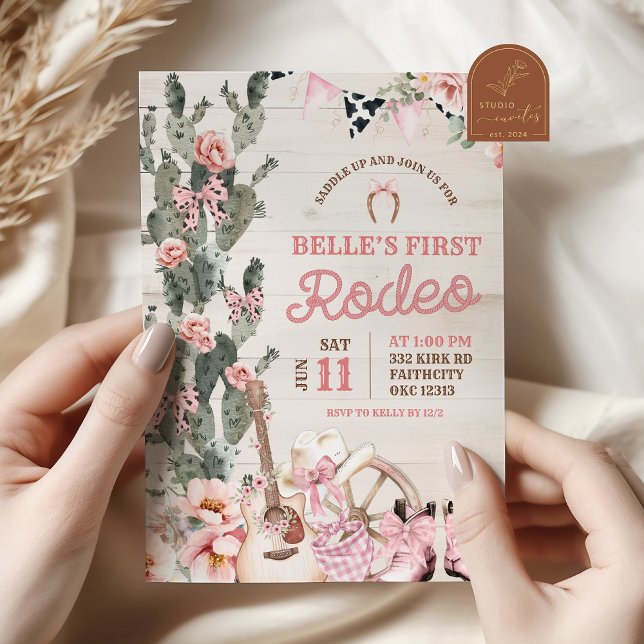 Invitation Premier Rodéo Fille Bois Rustique Rose (Créateur téléchargé)