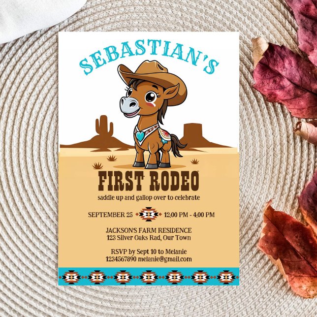 Invitation Premier Rodeo mignon cowboy cheval d'anniversaire (First rodeo western birthday party template invitation digital download cute baby horse cowboy hat)