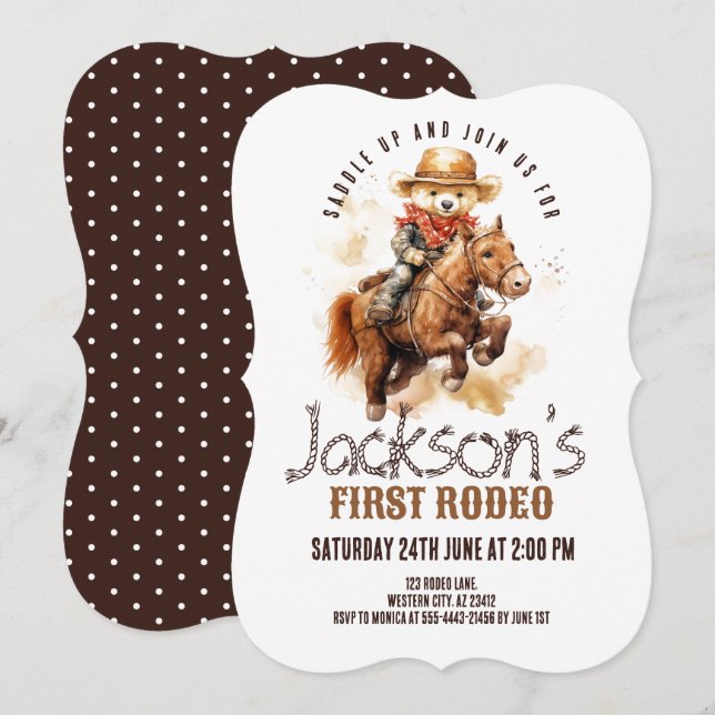 Invitation Premier Rodéo Ours en Peluche Garçon au Cheval Pre (Devant / Derrière)