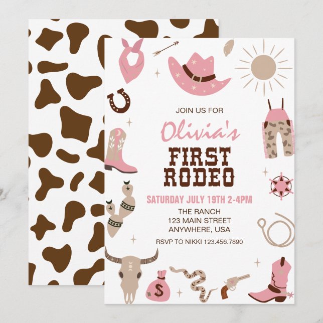 Invitation Premier Rodéo Rose Anniversaire Western 1 an (Devant / Derrière)