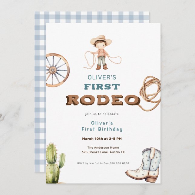 Invitation Premier Rodéo Western Baby Boy Anniversaire (Devant / Derrière)