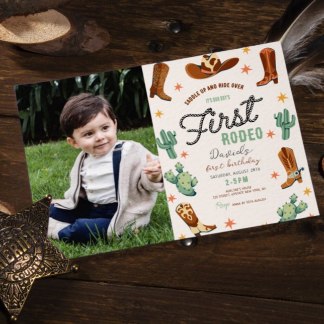 Invitation Premier rodéo Wild West Boy 1er Anniversaire Photo (Baby Boy first rodeo wild west invitation cowboy photo invitation digital editable template cute)