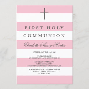 Invitation Premier rose d'invitation de communion de rayures