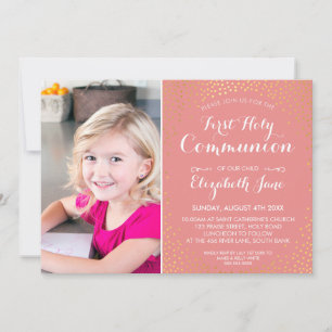 Invitation PREMIER SAINT COMMUNAUTÉ mini confetti d'or corail