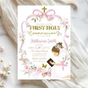 Invitation Premier Saint Communion Coquette Ruban Floral Rose