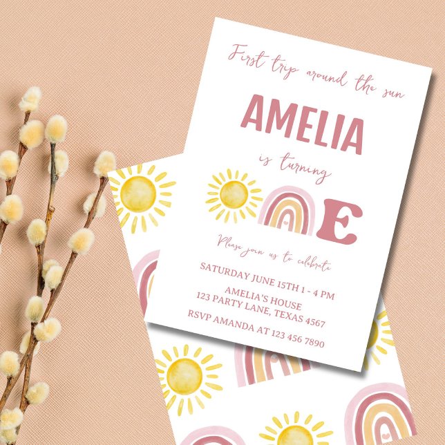 Invitation Premier Tour Autour du Soleil Boho 1er Anniversair (Boho first trip around the sun birthday invitation with pastel sun and rainbow design)