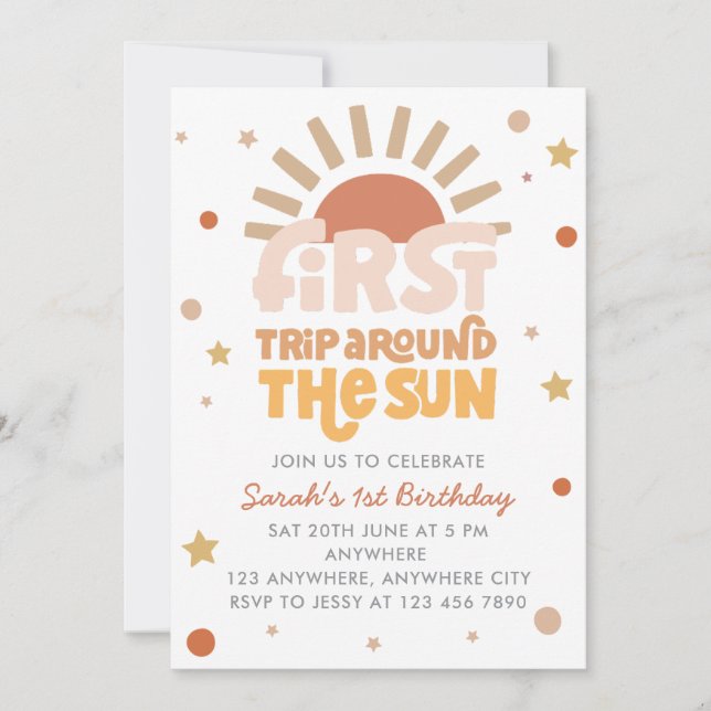 Invitation Premier Tour Autour Du Soleil Rétro Boho 1er Anniv (Devant)