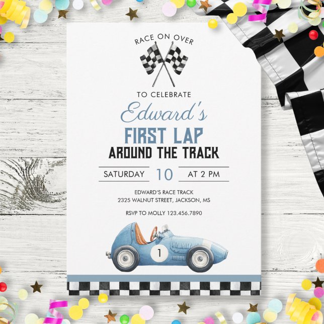 Invitation Premier Tour Voiture de Course Bleue 1er Anniversa (First Lap Blue Race Car 1st Birthday Invitation)