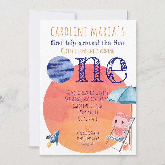 Invitation Premier voyage autour de Sun Baby 1er anniversaire (Devant)