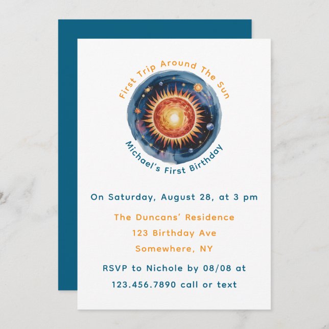 Invitation Premier Voyage Autour Du Soleil 1Er Anniversaire (Devant / Derrière)
