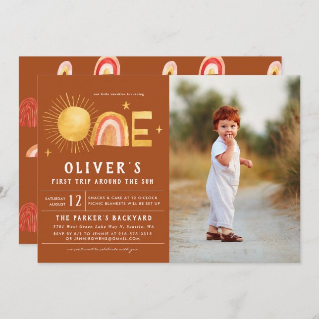 Invitation Premier Voyage Autour Du Soleil | 1er anniversaire (Devant / Derrière)