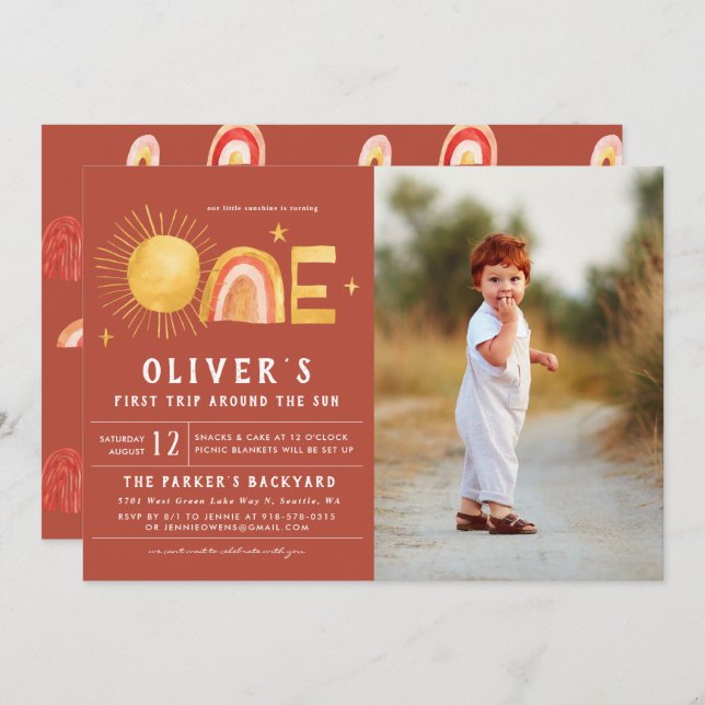 Invitation Premier Voyage Autour Du Soleil | 1er anniversaire (Devant / Derrière)