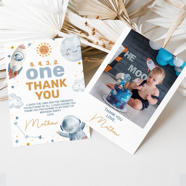 Invitation Premier voyage autour du soleil 1er anniversaire C (First trip around the sun 1st birthday thank you card with the birthday party photo on the back.)