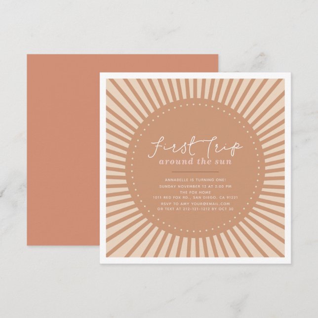 Invitation Premier Voyage Autour Du Soleil Boho 1Er Anniversa (Devant / Derrière)