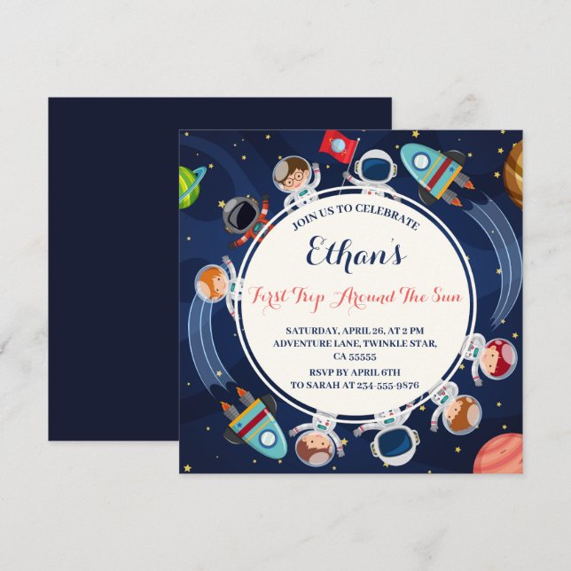 Invitation Premier voyage autour du soleil Espace 1er anniver (Devant / Derrière)