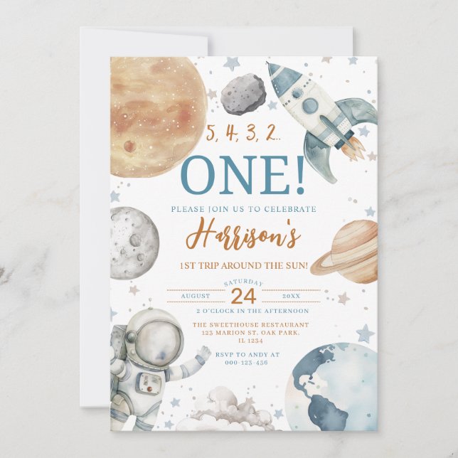 Invitation Premier voyage autour du Soleil Espace 1er anniver (Devant)