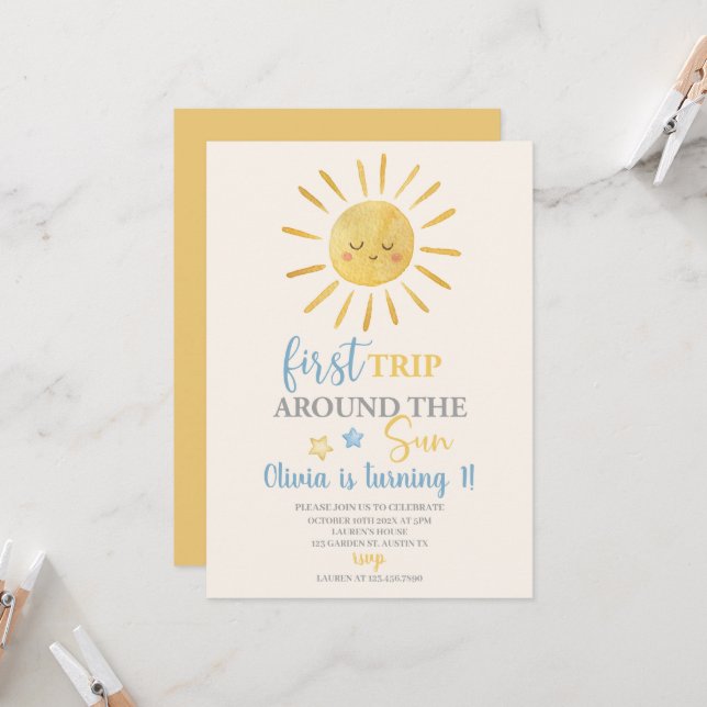 Invitation Premier Voyage Autour Du Soleil Garçon 1Er Anniver (Devant/Arrière en situation)