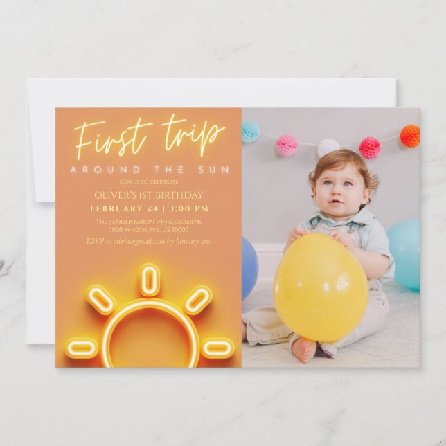 Invitation Premier voyage autour du soleil photo 1er annivers (Devant)