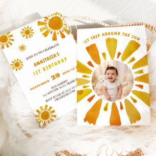 Invitation Premier voyage autour du soleil photo anniversaire