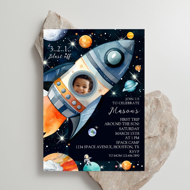 Invitation Premier Voyage Autour Du Soleil Photo Rocket Anniv (Créateur téléchargé)