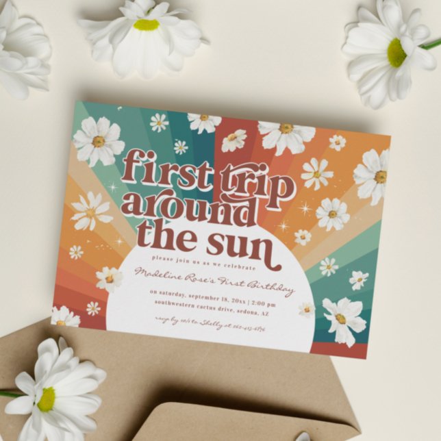 Invitation Premier voyage autour du soleil | Retro Daisy Rain (Créateur téléchargé)