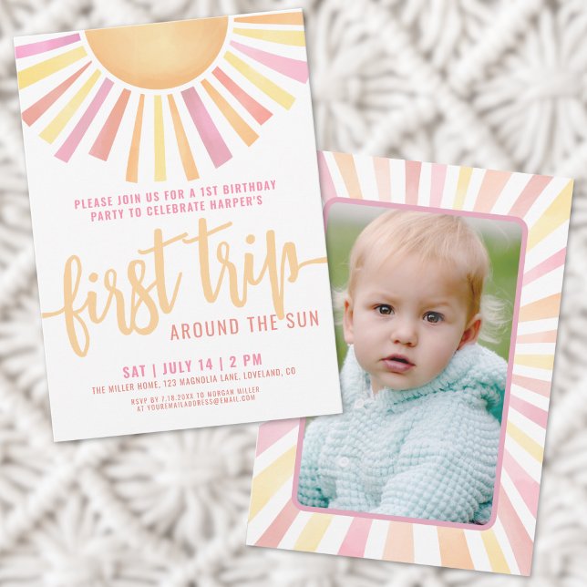 Invitation Premier Voyage Autour Du Soleil Rose Photo 1er Ann (First Trip Around The Sun Pink Photo 1st Birthday Invitation)