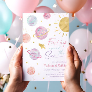 Invitation Premier voyage autour du Soleil Rose Space Anniver