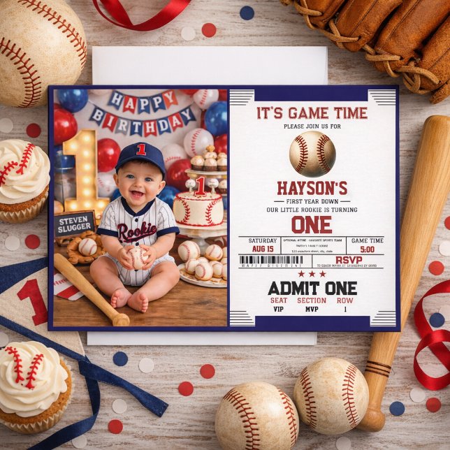 Invitation Première année de baseball en baisse Fête du 1er a (First Year Down Baseball 1st Birthday Party)