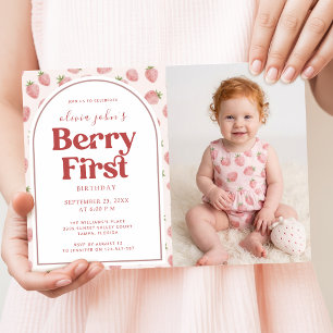 Invitation Première année de Bébé Fille à la Fraise Photo