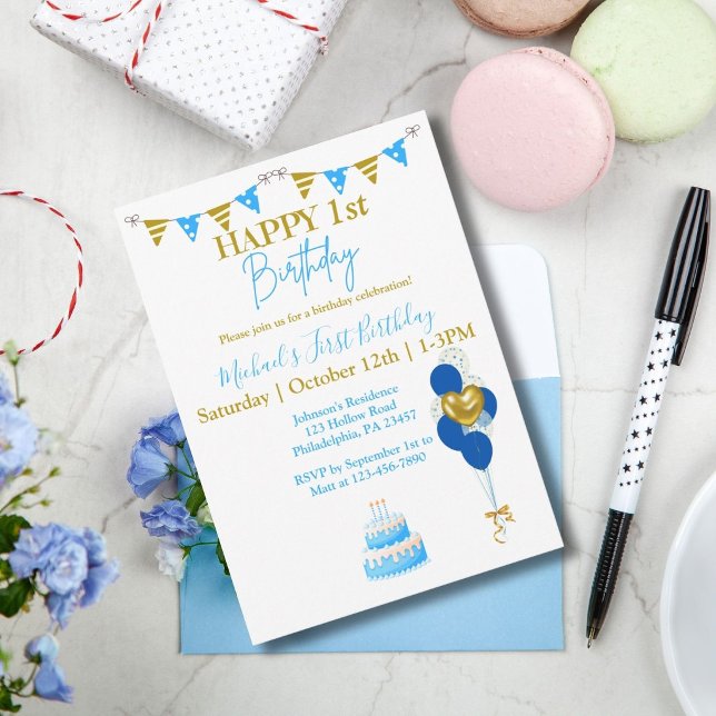 Invitation Première année de bébé garçon ballons bleus et or  (Créateur téléchargé)