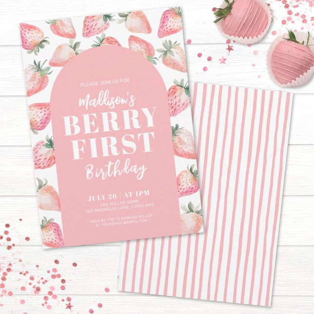 Invitation Première année de Berry Fête du premier anniversai (Strawberry Berry First 1st Birthday Party Invitation)