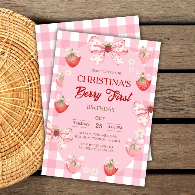 Invitation Première année de Berry fille gingham rose fraise (Créateur téléchargé)