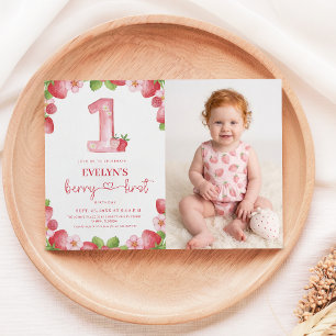 Invitation Première année de Berry Fille Photo bébé aquarelle