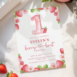 Invitation Première année de Berry Rose Watercolor Fraise