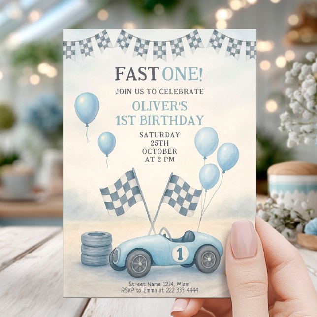 Invitation Première année de la voiture de course bleue (Créateur téléchargé)
