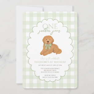 Invitation Première année dorée de Gingham Vert pour un chiot