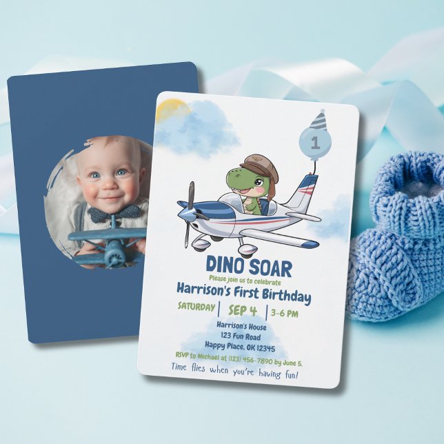 Invitation Première année d'un garçon Dinosaure pilote Avion  (Créateur téléchargé)