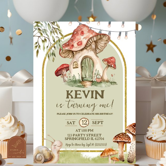 Invitation Première année forêt escargot et champignon (Créateur téléchargé)