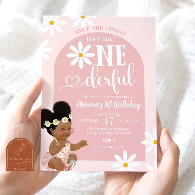 Invitation Première année Rose Boho Arch Daisy Afro Africaine (Créateur téléchargé)