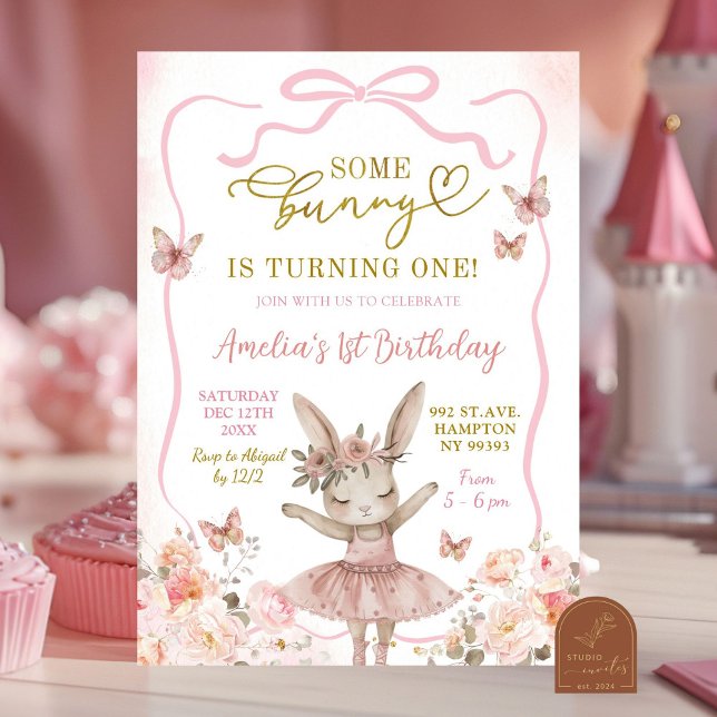 Invitation Première Anniversaire de Ballerine Lapin Rose (Créateur téléchargé)