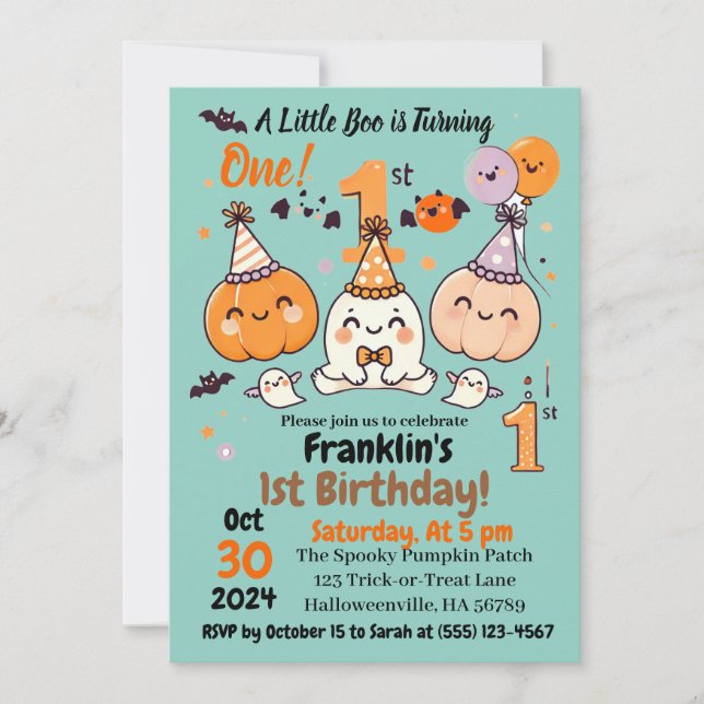 Invitation Première Anniversaire Halloween Citrouille Fantôme (Devant)
